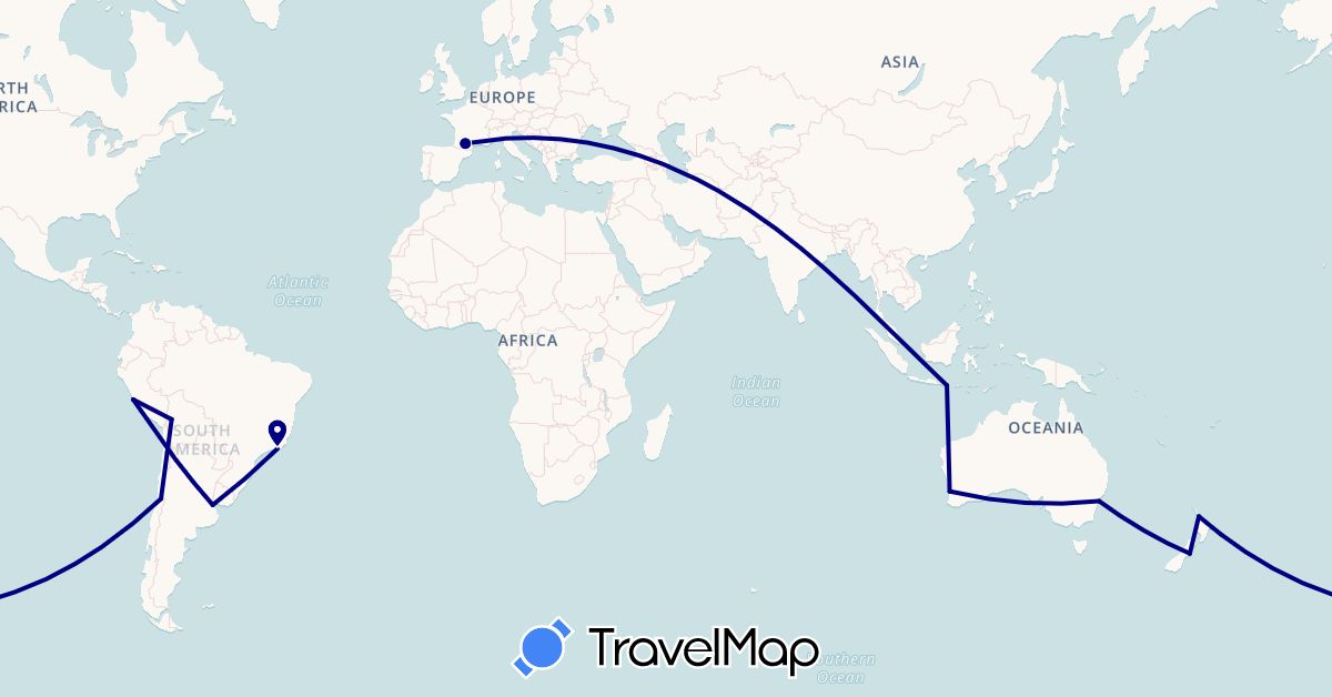 TravelMap itinerary: driving in Argentina, Australia, Bolivia, Brazil, Chile, France, Indonesia, New Zealand, Peru (Asia, Europe, Oceania, South America)